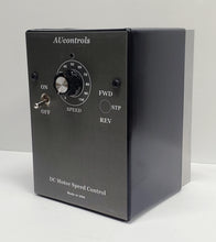 Cargar imagen en el visor de la galería, A black DC motor speed control unit with a front panel displaying control knobs and switches, labeled as 'AUcontrols' and marked as 'Made in USA'.